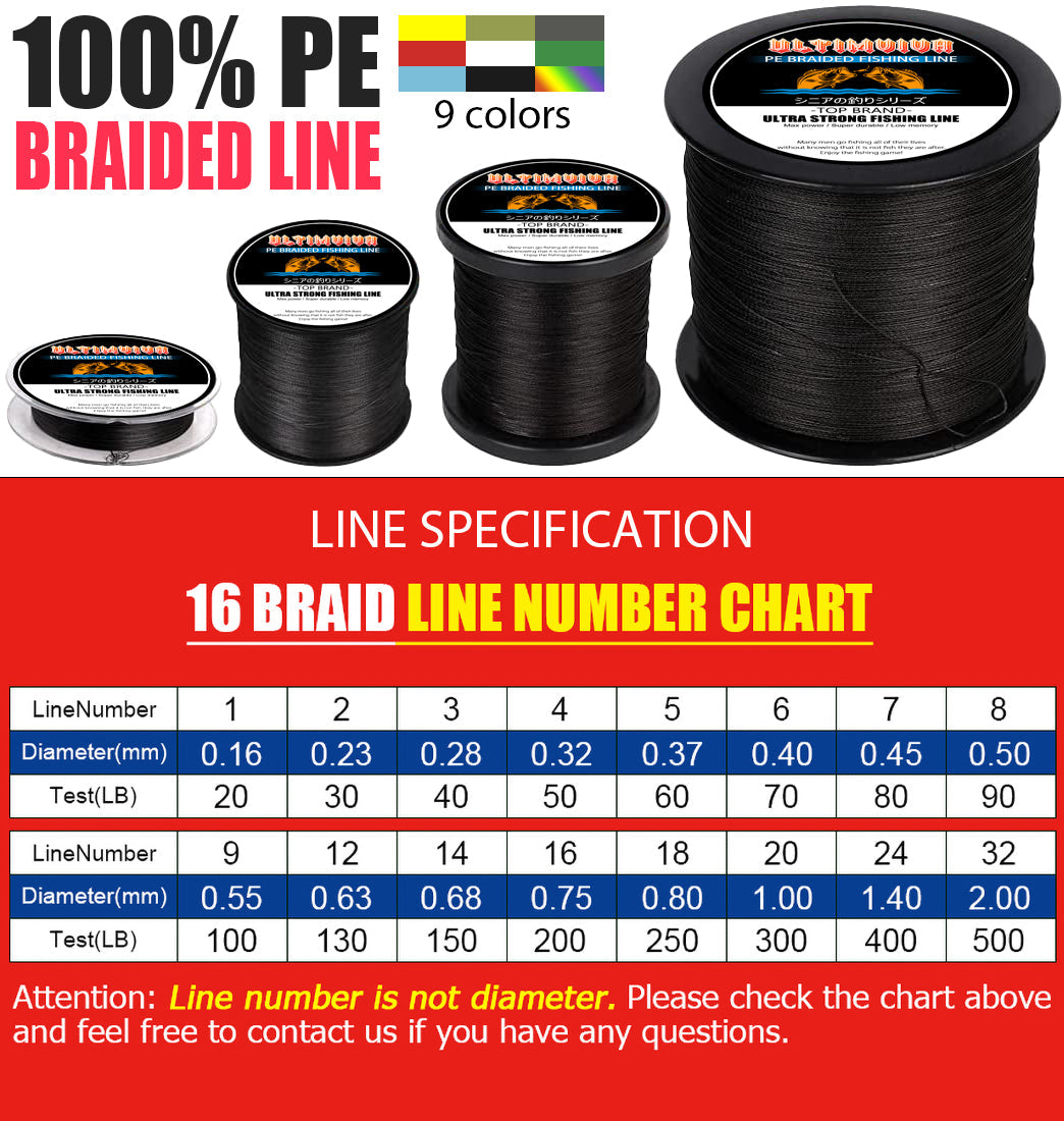 16 Strands Hollow Core Braided Fishing Line 20-500 lb., 100-500